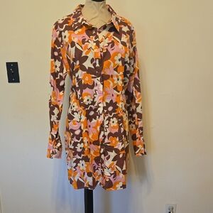 Floral Button-Front Shirt Dress in Brown, Orange & Pink 100% cotton XL